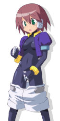 Rule 34 | 1girl, aile (mega man zx), bodysuit, breasts, capcom, covered erect nipples, female masturbation, long image, masturbation, mega man (series), mega man zx, open clothes, open shirt, shirt, shorts, small breasts, solo, spandex, tall image, undressing