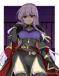 Rule 34 | 1girl, alternate costume, belt, breasts, cape, facial mark, fire emblem, fire emblem: genealogy of the holy war, forehead mark, hand in own hair, julia (fire emblem), large breasts, long hair, looking at viewer, medium breasts, nintendo, purple hair, red eyes, smile, solo, thighhighs, thighs, yukia (firstaid0)