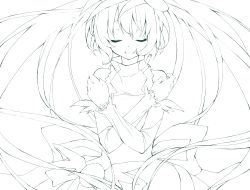 Rule 34 | 1girl, crossed arms, dress, closed eyes, hatsune miku, highres, kawana (spicaboy), lineart, long hair, monochrome, parted lips, solo, spica (vocaloid), twintails, very long hair, vocaloid