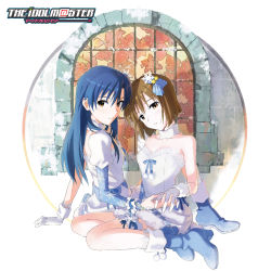 Rule 34 | 2girls, album cover, arch, boots, copyright name, cover, dress, gloves, hagiwara yukiho, hair ornament, highres, holding hands, idolmaster, idolmaster (classic), kisaragi chihaya, logo, looking at viewer, multiple girls, official art, sitting, snow, snowflake hair ornament, snowflakes, white dress, window, winter