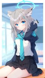 Rule 34 | 1girl, absurdres, animal ear fluff, animal ears, black gloves, black jacket, black skirt, blazer, blue archive, blue eyes, blue necktie, blue scarf, blurry, blurry background, blush, cat ears, closed mouth, commentary request, day, depth of field, desk, fuuna, gloves, grey hair, hair between eyes, halo, hand in own hair, hand up, highres, indoors, jacket, long sleeves, looking at viewer, necktie, on desk, open clothes, open jacket, plaid, plaid skirt, pleated skirt, scarf, school desk, shiroko (blue archive), shirt, sitting, on desk, skirt, smile, solo, sunlight, white shirt, window