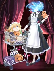 Rule 34 | 1girl, alpaca connect, apron, black dress, black footwear, black ribbon, blonde hair, blue eyes, blue fire, box, closed mouth, commission, curtains, disembodied head, dress, drill hair, dullahan, fire, frilled apron, frilled socks, frills, full body, ghost, gift bag, hair between eyes, halloween, halloween bucket, headless, highres, holding, juliet sleeves, long hair, long sleeves, looking up, maid, maid apron, maid headdress, mary janes, mochizuki sora, neck ribbon, official art, peter pan collar, puffy sleeves, ribbon, shoes, shopping cart, sleeve cuffs, smile, socks, solo, stage curtains, standing, twin drills, white apron, white socks