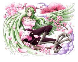 Rule 34 | 1girl, bird girl, bird legs, bodskih, breasts, cherry blossoms, dress, feathers, flower, green feathers, green hair, hand wings, harpy, large breasts, long hair, looking at viewer, monet (one piece), monster girl, official art, one eye closed, one piece, one piece treasure cruise, pink dress, short dress, tree, winged arms, wings