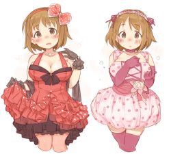 Rule 34 | 10s, 1girl, 7010, black gloves, blush, bow, breasts, brown eyes, brown hair, cleavage, dress, elbow gloves, female focus, flower, gloves, hair bow, hair ornament, hairband, idolmaster, idolmaster cinderella girls, jewelry, large breasts, looking at viewer, mimura kanako, necklace, open mouth, pink gloves, pink thighhighs, short hair, simple background, smile, solo, thighhighs, white background