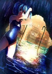 Rule 34 | 1girl, blue eyes, blue hair, cave, flood, highres, kawashiro nitori, lamppost, one-piece swimsuit, school swimsuit, short hair, swimsuit, touhou, twintails, two side up, u u zan