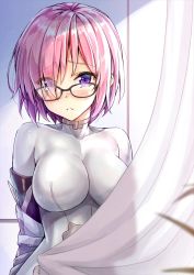 Rule 34 | 1girl, blush, bodysuit, breasts, commentary request, cosplay, curtains, eyes visible through hair, fate/grand order, fate (series), glasses, hair over one eye, indoors, koyuki (kotatsu358), mash kyrielight, pink hair, purple eyes, qin liangyu (fate), qin liangyu (fate) (cosplay), short hair, skin tight, solo
