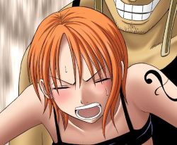 Rule 34 | 1girl, bed, bent over, breasts, clothed sex, crimson comics, doggystyle, covered erect nipples, closed eyes, large breasts, nami (one piece), nipples, no bra, one piece, open mouth, orange hair, rape, screaming, sex, sex from behind, sweat, vaginal