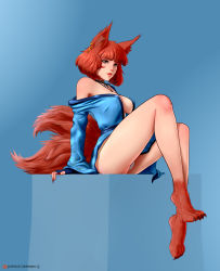 Rule 34 | 1girl, absurdres, animal ear fluff, arteslav, bare legs, bare shoulders, blue background, blue kimono, blunt bangs, breasts, brown eyes, brown fur, brown hair, choker, claws, cleavage, commentary, earrings, english commentary, facial mark, fingernails, fox tail, full body, highres, japanese clothes, jewelry, kimono, kitsune, large breasts, legs together, legs up, lips, long legs, multiple tails, no bra, nose, off shoulder, original, panties, pantyshot, pinup (style), red lips, ribbon choker, sharp fingernails, short hair, sitting, solo, tail, underwear, whisker markings, white panties, yukata
