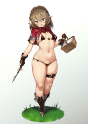 Rule 34 | 1girl, basket, bikini, black bikini, boots, braid, breasts, brown footwear, brown gloves, brown hair, capelet, cleft of venus, commentary request, dagger, elf, full body, gloves, grass, green eyes, grey background, groin, hair between eyes, head tilt, highres, holding, holding basket, holding weapon, houtengeki, knee boots, knife, little red riding hood, little red riding hood (grimm), looking at viewer, lowleg, lowleg bikini, medium hair, micro bikini, navel, open mouth, pointy ears, pussy, pussy peek, red capelet, simple background, skindentation, small breasts, solo, standing, stomach, string bikini, swimsuit, thigh strap, thighs, thong bikini, weapon