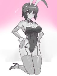 Rule 34 | 10s, 1girl, animal ears, blush, bow, bowtie, breasts, cleavage, covered navel, detached collar, elbow gloves, fake animal ears, full body, garter straps, girls und panzer, gloves, gradient background, greyscale, hair between eyes, hands on own hips, high heels, highleg, highleg leotard, highres, kneeling, large breasts, leotard, looking to the side, medium breasts, monochrome, nishizumi maho, parted lips, pink background, playboy bunny, rabbit ears, rabbit girl, see-through, short hair, simple background, solo, strapless, strapless leotard, thigh gap, thighhighs, twitter username, wrist cuffs, zero hime