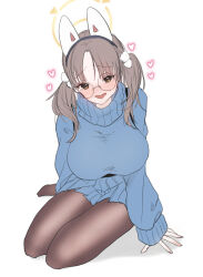 Rule 34 | 1girl, animal ears, blue archive, blue skirt, blue sweater, blush, breasts, brown hair, fake animal ears, glasses, halo, heart, huge breasts, long sleeves, looking at viewer, moe (blue archive), parted lips, pleated skirt, pom pom (clothes), rabbit ears, ririnono (sakuraba77), round eyewear, simple background, sitting, skirt, smile, solo, sweater, twintails, white background, yokozuwari
