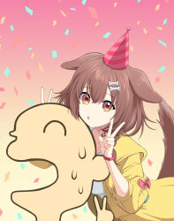 Rule 34 | 1girl, :o, absurdres, animal collar, animal ears, birthday, bone hair ornament, bracelet, braid, brown eyes, brown hair, brown tail, choker, collar, commentary request, confetti, dog ears, dog girl, dog tail, double v, dress, gradient background, hair between eyes, hair ornament, hairclip, hat, highres, hololive, inugami korone, inugami korone (1st costume), jacket, jewelry, listener (inugami korone), long hair, looking at viewer, mixed-language commentary, monsiursandox, open clothes, open jacket, partial commentary, party hat, paw pendant, pendant choker, pink background, red choker, red collar, spanish commentary, sweat, tail, v, virtual youtuber, white dress, yellow jacket