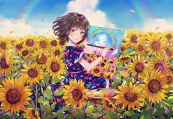 Rule 34 | 1girl, bad id, bad pixiv id, black hair, brown eyes, dangmill, day, dress, field, flower, flower field, looking at viewer, original, outdoors, paintbrush, painting (object), palette (object), rainbow, short hair, short sleeves, solo, sunflower, sunflower field, triangle, watch, wind, wristwatch