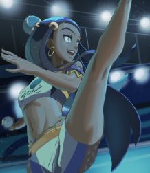 Rule 34 | 1girl, armlet, armpits, bare shoulders, belly chain, black hair, blue eyes, breasts, capnchreest, clenched hand, creatures (company), crop top, dark-skinned female, dark skin, earrings, eyelashes, female focus, fingernails, flexible, game freak, gym leader, hair bun, happy, highres, holding, holding poke ball, hoop earrings, jewelry, leg up, legs, long hair, looking away, midriff, multicolored hair, navel, neck, nessa (pokemon), nintendo, open mouth, outdoors, poke ball, pokemon, pokemon swsh, print shirt, shirt, short shorts, shorts, sleeveless, sleeveless shirt, small breasts, stage lights, standing, standing on one leg, streaked hair, thighs, two-tone hair