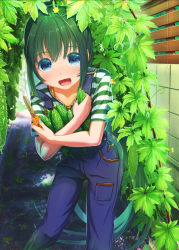 Rule 34 | 1girl, :d, aiuabo, bitter melon, blue eyes, blue nails, commentary request, day, food, green hair, highres, holding, holding food, holding scissors, holding vegetable, leaning forward, long hair, looking at viewer, md5 mismatch, nail polish, open mouth, original, outdoors, overalls, plant, pocket, ponytail, resolution mismatch, scissors, shirt, short sleeves, sidelocks, smile, solo, source larger, standing, striped clothes, striped shirt, suspenders, suspenders slip, vegetable, very long hair, vines