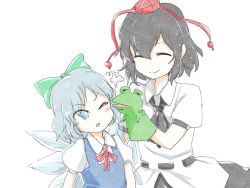 Rule 34 | 2girls, ascot, black hair, blue eyes, blue hair, bow, cink-knic, cirno, closed eyes, commentary request, dress, frog, hair bow, hat, ice, ice wings, multiple girls, open mouth, puffy short sleeves, puffy sleeves, puppet, shameimaru aya, shirt, short hair, short sleeves, sketch, skirt, smile, tokin hat, touhou, translation request, white background, wings
