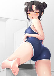 Rule 34 | 1girl, absurdres, ass, barefoot, black hair, blue one-piece swimsuit, blunt bangs, blush, breasts, competition school swimsuit, crotch seam, double bun, ear piercing, earrings, feet, from behind, hair bun, highres, indoors, jewelry, looking at viewer, looking back, mole, mole on thigh, nanami kazuki, one-piece swimsuit, open mouth, orange eyes, original, piercing, school swimsuit, short hair, sidelocks, slit pupils, small breasts, soles, solo, stud earrings, swimsuit, twisted torso