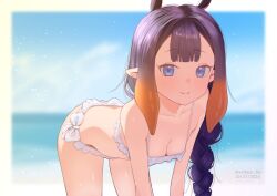 1girl absurdres all_fours animal_ears beach bikini blue_eyes blunt_bangs blurry blurry_foreground blush braid breasts dated frilled_bikini frills gradient_hair hashtag-only_commentary highres hololive hololive_english light_smile long_hair looking_at_viewer mole mole_under_eye multicolored_hair ninomae_ina&#039;nis orange_hair pointy_ears side-tie_bikini_bottom single_braid small_breasts smile solo swimsuit tentacle_hair twitter_username valtaur very_long_hair virtual_youtuber white_bikini