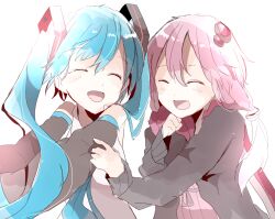 Rule 34 | 2girls, ^ ^, black jacket, black sleeves, blue hair, blue necktie, clenched hand, closed eyes, commentary request, detached sleeves, hair between eyes, hair ornament, hand on another&#039;s arm, happy, hatsune miku, jacket, light blush, long hair, long sleeves, multiple girls, necktie, open mouth, pink hair, shirt, simple background, smile, twintails, upper body, vocaloid, voiceroid, white background, white shirt, xxxx saki, yuzuki yukari