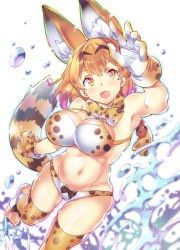 Rule 34 | 10s, 1girl, :d, animal ears, armpits, bare arms, bare shoulders, belly, bikini, blonde hair, bouncing breasts, bow, bow bikini, bowtie, breasts, cleavage, commentary request, extra ears, gloves, hand up, hip focus, kemono friends, looking up, medium breasts, medium hair, navel, nib pen (medium), open mouth, print bikini, print bow, print bowtie, print gloves, print neckwear, print swimsuit, print thighhighs, scarf, serval (kemono friends), serval print, serval tail, skindentation, smile, solo, splashing, stomach, striped tail, swimsuit, tail, takano itsuki, thighhighs, toeless legwear, toes, traditional media, water