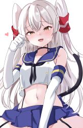Rule 34 | 1girl, :d, absurdres, amatsukaze (kancolle), bare shoulders, between legs, black choker, black neckerchief, blonde hair, blue skirt, blush, breasts, buttons, calin, cat tail, choker, clenched hand, cosplay, crop top, double-breasted, elbow gloves, garter straps, gloves, groin, hair between eyes, hand between legs, hand up, happy, heart, highres, kantai collection, legs apart, looking at viewer, midriff, miniskirt, navel, neckerchief, open mouth, pleated skirt, sailor collar, school uniform, serafuku, shimakaze (kancolle), shimakaze (kancolle) (cosplay), shirt, skirt, sleeveless, sleeveless shirt, small breasts, smile, solo, spread legs, stomach, straddling, tail, two side up, upskirt, white gloves, white hair, yellow eyes