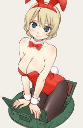 Rule 34 | 10s, 1girl, animal ears, arm support, black pantyhose, blonde hair, blue eyes, bow, bowtie, braid, breasts, cleavage, closed mouth, commentary request, cowboy shot, darjeeling (girls und panzer), detached collar, fake animal ears, fake tail, girls und panzer, grey background, head tilt, leaning forward, leotard, looking at viewer, medium breasts, pantyhose, playboy bunny, rabbit ears, rabbit tail, red bow, red bowtie, red leotard, short hair, simple background, sitting, smile, solo, standing, strapless, strapless leotard, tail, tank cupola, twin braids, uona telepin, wing collar, wrist cuffs