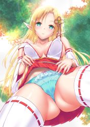 Rule 34 | 1girl, ass, ayase-mio, bare shoulders, bell, blonde hair, blue eyes, blue panties, blush, breasts, cameltoe, clothes lift, collarbone, commentary request, covered erect nipples, detached sleeves, elf, fingernails, forest, from below, hair ornament, highres, japanese clothes, large breasts, lens flare, lifted by self, light blue legwear, lips, long hair, looking at viewer, looking down, miko, nature, off shoulder, original, panties, pleated skirt, pointy ears, red skirt, shiny skin, sidelocks, skirt, skirt lift, solo, thick thighs, thighhighs, thighs, underwear, wide sleeves
