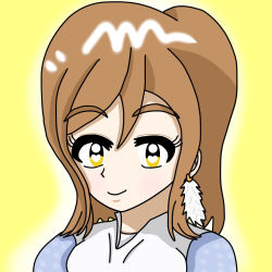 Rule 34 | 1girl, artist name, artist request, bare shoulders, blush, bow, breasts, brown eyes, brown hair, close-up, dress, earrings, feather earrings, feathers, female focus, hair between eyes, highres, jewelry, kunikida hanamaru, light brown hair, long hair, long sleeves, looking at viewer, love live!, love live! school idol festival, love live! sunshine!!, parted lips, plaid, plaid dress, pleated, pleated dress, see-through, see-through sleeves, smile, solo, the story of feather (love live!), upper body, white bow, white dress, wing collar, yellow background, yellow eyes