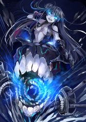 Rule 34 | 10s, 1girl, abyssal ship, angry, aqua eyes, bad id, bad twitter id, bare shoulders, black gloves, black hair, blue eyes, blush, breasts, colored skin, double bun, gloves, glowing, glowing eyes, hair undone, kantai collection, light cruiser oni, long hair, midriff, nagihashi koko, navel, open mouth, sleeveless, solo, torn clothes, turret, white skin