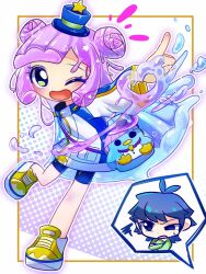 1boy 1girl ;d arm_up bike_shorts blue_bag blue_hair commentary_request double_bun full_body gradient_hair green_eyes hair_bun hat heart highres index_finger_raised jacket kawaii_kotarou long_hair long_sleeves looking_at_viewer mini_hat mini_top_hat monster_girl multicolored_hair nashitoumi one_eye_closed open_mouth puniru_(puniru_wa_kawaii_slime) puniru_wa_kawaii_slime purple_hair shoes slime_girl smile spoken_character standing standing_on_one_leg top_hat yellow_footwear