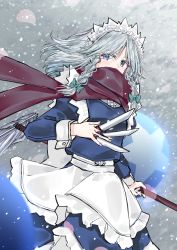 Rule 34 | 1girl, apron, between fingers, blue eyes, cowboy shot, cuffs, grey hair, highres, holding, holding mop, izayoi sakuya, knife, long hair, long sleeves, maid, maid headdress, mop, orb, perfect cherry blossom, red scarf, sarasadou dan, scarf, scarf over mouth, snow, solo, touhou, waist apron, white apron, wind