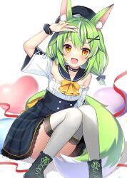 Rule 34 | 1girl, absurdres, animal ears, arm up, black footwear, blush, boots, brown eyes, character request, choker, cross-laced footwear, fang, green hair, hair ornament, highres, indie virtual youtuber, looking at viewer, medium hair, multicolored hair, open mouth, ruhika, short sleeves, sitting, smile, solo, streaked hair, tail, thighhighs, v, virtual youtuber, white hair, white thighhighs, x hair ornament
