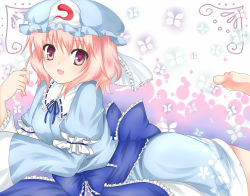 Rule 34 | 1girl, bad feet, bug, butterfly, feet, female focus, ghost, hat, bug, japanese clothes, lying, on stomach, pink eyes, pink hair, puracotte, purple eyes, saigyouji yuyuko, solo, touhou