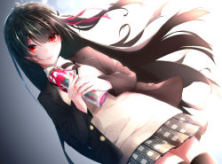 Rule 34 | 1girl, black bow, black bowtie, black hair, black jacket, black thighhighs, bow, bowtie, braid, closed mouth, crown braid, dutch angle, floating hair, hair between eyes, hair ribbon, highres, holding, jacket, long hair, long sleeves, looking at viewer, miniskirt, open clothes, open jacket, original, oriuo q, plaid, plaid skirt, pleated skirt, red eyes, red ribbon, ribbon, side ponytail, skirt, solo, standing, sweater, thighhighs, very long hair, white sweater, zettai ryouiki