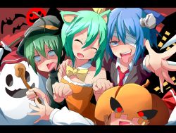 Rule 34 | 5girls, alternate costume, animal ears, antenna hair, antennae, bandage over one eye, bat (animal), blank eyes, blonde hair, blue eyes, blue hair, bow, bowtie, cat ears, cirno, closed eyes, cosplay, daiyousei, detached collar, dress, fang, formal, frankenstein&#039;s monster, ghost, green hair, hair bow, hair ribbon, halloween, hat, house, jack-o&#039;-lantern, kuromu (underporno), letterboxed, multiple girls, mystia lorelei, necktie, open mouth, orange dress, outstretched arms, paw pose, red eyes, ribbon, rumia, short hair, smile, spread arms, suit, team 9 (touhou), tongue, tongue out, touhou, traditional bowtie, witch hat, wriggle nightbug