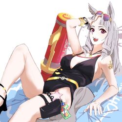 Rule 34 | 1girl, adjusting eyewear, animal ears, bare shoulders, black footwear, blunt bangs, bracelet, breasts, cleavage, cloud, commentary request, ear ornament, feet, gold ship (run revolt launcher) (umamusume), gold ship (umamusume), grey hair, high heels, highres, holster, horse ears, horse girl, horse tail, jewelry, knee up, large breasts, legs, long hair, looking over eyewear, nail polish, necklace, official alternate costume, official alternate hairstyle, ponytail, purple-tinted eyewear, sandals, sky, solo, starfish, strappy heels, sunglasses, tail, thigh holster, thigh strap, tinted eyewear, uki kumo, umamusume, water gun