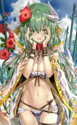 Rule 34 | 1girl, bikini, chain, chain between breasts, choker, commentary request, cowboy shot, day, diarmuid ua duibhne (lancer) (fate), fate/grand order, fate (series), flower, gold trim, green eyes, green hair, groin, hands on own face, happy, kiyohime (fate), long hair, looking at viewer, navel, polearm, ribbon, shino (eefy), sky, solo, standing, swimsuit, thigh strap, thighs, water, weapon, wet, yellow eyes