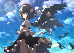 Rule 34 | 1girl, above clouds, ahoge, arm at side, bad id, bad pixiv id, bird, black hair, black skirt, black wings, buttons, clothes lift, cloud, colorized, cowboy shot, ellipsis (mitei), frilled skirt, frills, hair between eyes, hand up, hat, leaf print, lens flare, light particles, light rays, looking afar, looking past viewer, looking to the side, motion blur, pom pom (clothes), puffy short sleeves, puffy sleeves, red eyes, red hat, shameimaru aya, shiny clothes, shirt, shirt lift, short hair, short sleeves, skirt, skirt lift, solo, suguni, sunlight, tokin hat, touhou, white shirt, wind, wings