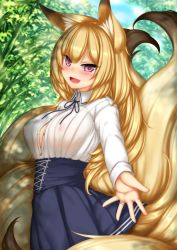 Rule 34 | 1girl, :d, animal ears, blonde hair, blue skirt, breasts, dappled sunlight, day, covered erect nipples, fang, fox ears, fox girl, fox tail, highres, kayou (sennen sensou aigis), large breasts, looking at viewer, minaha (playjoe2005), no panties, open mouth, outdoors, outstretched hand, purple eyes, sennen sensou aigis, skirt, smile, solo, sunlight, tail