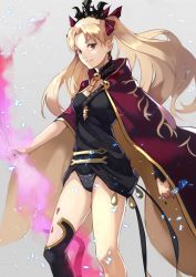 Rule 34 | asymmetrical legwear, asymmetrical sleeves, between breasts, black nails, black thighhighs, blonde hair, breasts, buckle, cape, closed mouth, commentary request, detached collar, earrings, ereshkigal (fate), fate/grand order, fate (series), hair ribbon, highres, holding, holding weapon, infinity symbol, jewelry, light particles, long hair, looking at viewer, multicolored cape, multicolored clothes, nail polish, necklace, parted bangs, polearm, red cape, red eyes, red ribbon, ribbon, simple background, single sleeve, single thighhigh, skull, smile, solo, spine, thighhighs, tiara, tohsaka rin, two side up, uneven legwear, uneven sleeves, weapon, yellow cape, yoshio (55level)