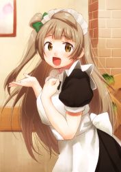 Rule 34 | 10s, 1girl, :d, apron, bad id, bad pixiv id, bow, brown eyes, brown hair, hair bow, hand on own chest, kamiyama aya, long hair, looking at viewer, love live!, love live! school idol project, maid, maid apron, maid headdress, minami kotori, open mouth, outstretched hand, side ponytail, smile, solo