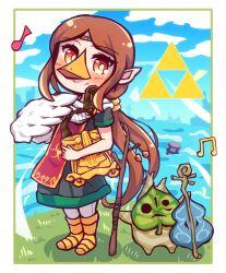 Rule 34 | 1girl, absurdres, beak, beamed eighth notes, black dress, blue sky, blush, boots, brown hair, closed mouth, cloud, cloudy sky, commentary request, dress, eighth note, grass, highres, holding, holding instrument, instrument, instrument request, long hair, looking at viewer, makar, medli, musical note, nintendo, pantyhose, red eyes, short sleeves, sky, smile, standing, the legend of zelda, the legend of zelda: the wind waker, triforce, very long hair, water, white pantyhose, white wings, wings, yellow footwear, yuya090602