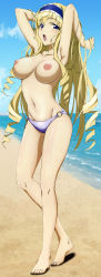 Rule 34 | 10s, 1girl, absurdres, armpits, barefoot, beach, blonde hair, blue eyes, cecilia alcott, drill hair, feet, female focus, full body, highres, infinite stratos, long hair, looking at viewer, nude filter, shiny skin, sky, solo, third-party edit, topfreedom, topless