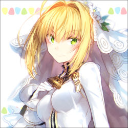 Rule 34 | 10s, 1girl, ahoge, blush, breasts, bridal veil, fate/extra, fate/extra ccc, fate (series), gloves, green eyes, hair intakes, hakusai (tiahszld), looking at viewer, nero claudius (bride) (fate), nero claudius (fate), nero claudius (fate), sidelocks, smile, solo, upper body, veil, white gloves