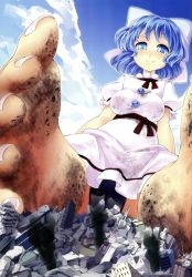 Rule 34 | 1girl, artist request, barefoot, black panties, blue eyes, blue hair, bow, destruction, dirty, dirty feet, feet, foot focus, giant, giantess, highres, mai (touhou), panties, pc98, scan, smile, soles, toenails, toes, touhou, touhou (pc-98), underwear