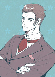 Rule 34 | 1boy, ace attorney, aged down, artist name, ascot, black jacket, blue background, brown eyes, brown hair, closed mouth, collared shirt, crossed arms, highres, jacket, long sleeves, looking at viewer, male focus, nmimymr, shirt, short hair, sideburns, solo, the great ace attorney, upper body, white shirt, yujin mikotoba