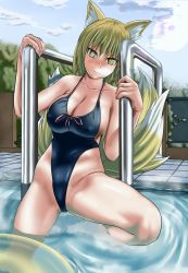 Rule 34 | 1girl, animal ears, blonde hair, breasts, cameltoe, daiwa (daicon), covered erect nipples, fox ears, fox tail, highleg, highleg swimsuit, highres, large breasts, lens flare, one-piece swimsuit, pool, pool ladder, sleeeepers high, slit pupils, smile, solo, swimsuit, tail, touhou, water, yakumo ran, yellow eyes