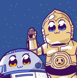 Rule 34 | 10s, :3, animification, astromech droid, bkub, c-3po, crossover, looking at viewer, no humans, pipimi, poptepipic, popuko, r2-d2, sky, star (sky), star wars, starry sky