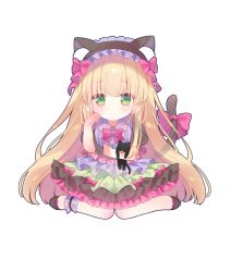 Rule 34 | 1girl, ame usari, animal, animal ear fluff, animal ears, bad id, bad twitter id, black cat, black footwear, black hairband, blonde hair, blush, bow, cat, cat ears, cat girl, cat tail, chibi, closed mouth, collared shirt, commentary request, fake animal ears, frilled shirt collar, frills, full body, green eyes, green skirt, hair bow, hairband, hand up, highres, long hair, original, paw pose, pink bow, pleated skirt, puffy short sleeves, puffy sleeves, purple shirt, shirt, shoes, short sleeves, simple background, sitting, skirt, smile, solo, tail, tail bow, tail ornament, tail raised, very long hair, wariza, white background
