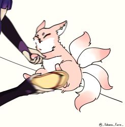 Rule 34 | animal ears, animal focus, animal hands, animalization, arm grab, artist name, blunt bangs, bridal gauntlets, commentary, earrings, english commentary, eyeshadow, fox, fox ears, fox tail, highres, holding, holding shoes, jewelry, kitsune, kyuubi, makeup, meme, motion blur, multiple tails, on floor, out of frame, photo-referenced, pink hair, purple hair, raiden shogun, shoes, slapping, slippers, speed lines, sukaine kuria, tail, white background, yae miko, yae miko (fox)
